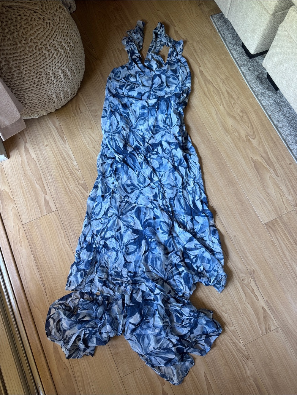 Rumored Blue Floral Ruffle-Hem Maxi Dress